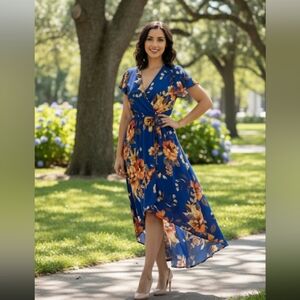 Dream Of Me Dress Women’s Medium Floral Faux Wrap Hi-Lo Summer Chic Bohemian